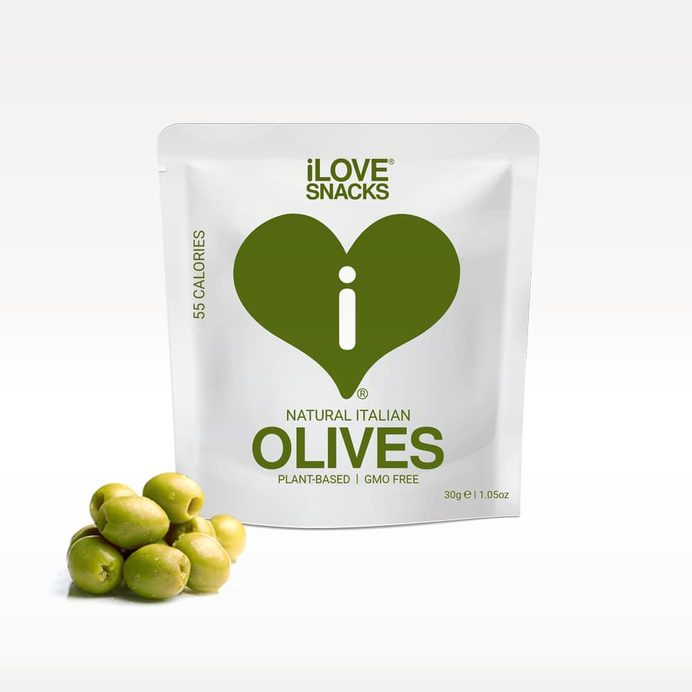 Packaging of iLOVE SNACKS Natural Italian Olives with the brand logo and a depiction of green olives in front.