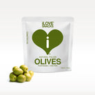 Packaging of iLOVE SNACKS Natural Italian Olives with the brand logo and a depiction of green olives in front.