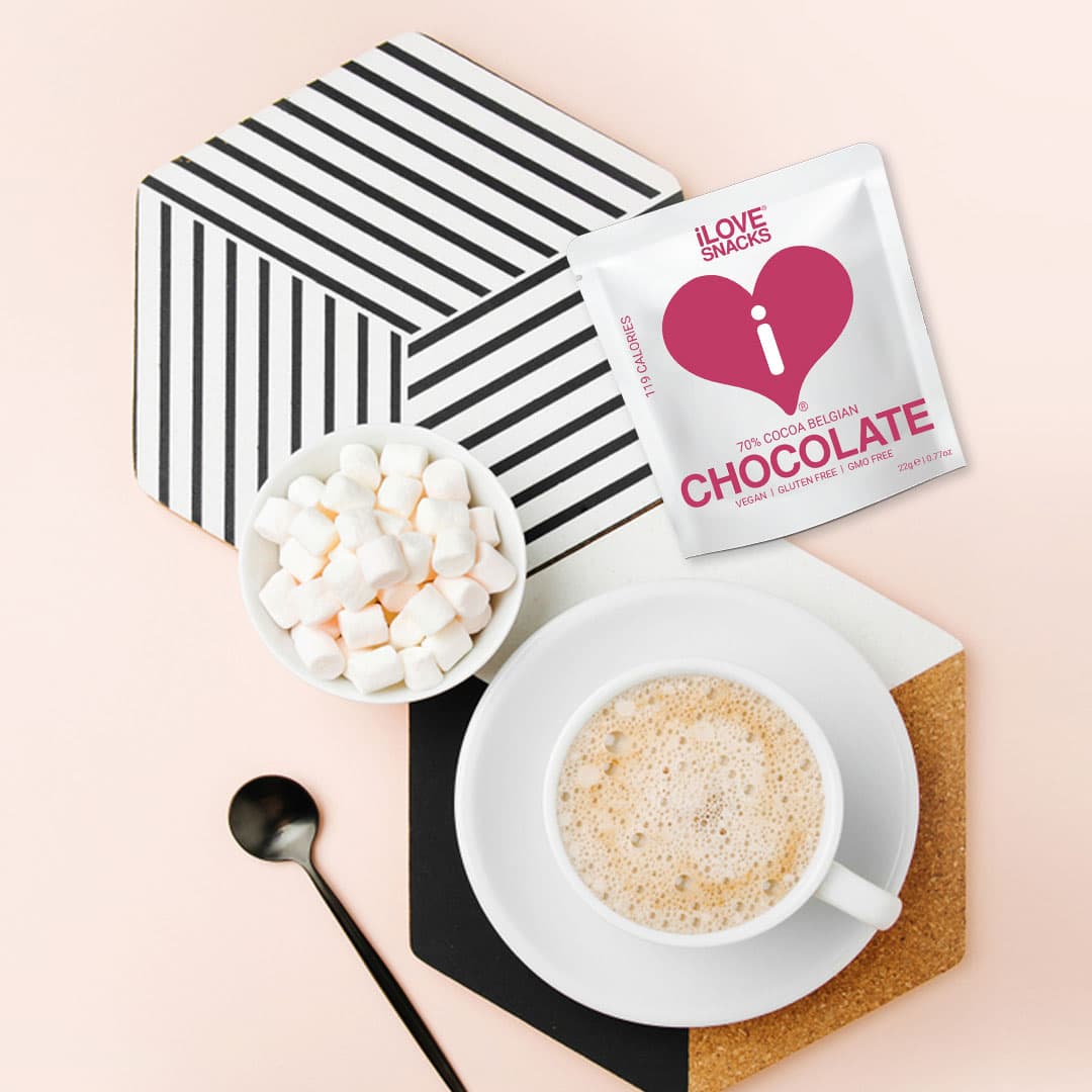 iLOVE 70% Cocoa Dark Belgian Chocolate displayed with a cappuccino and marshmallows