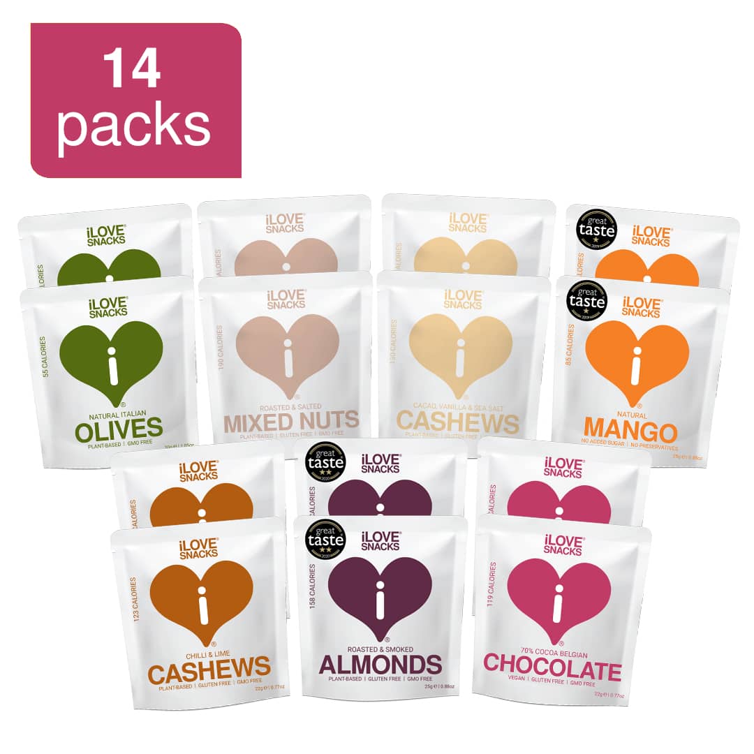 14 packs, 2 of each product in the pouch range, olives, mixed nuts, cashews (two types), mango, almonds, chocolate