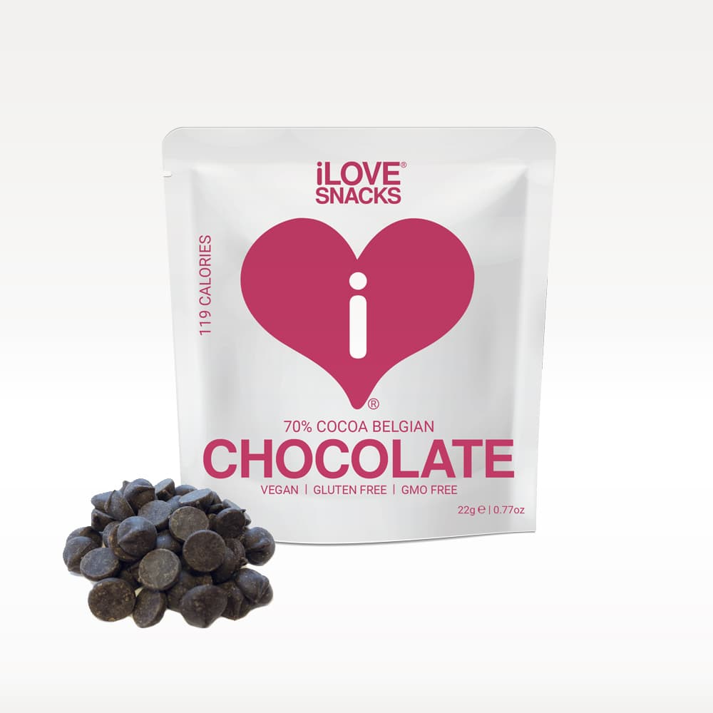 iLOVE 70% Cocoa Dark Belgian Chocolate displayed in a 22g pouch