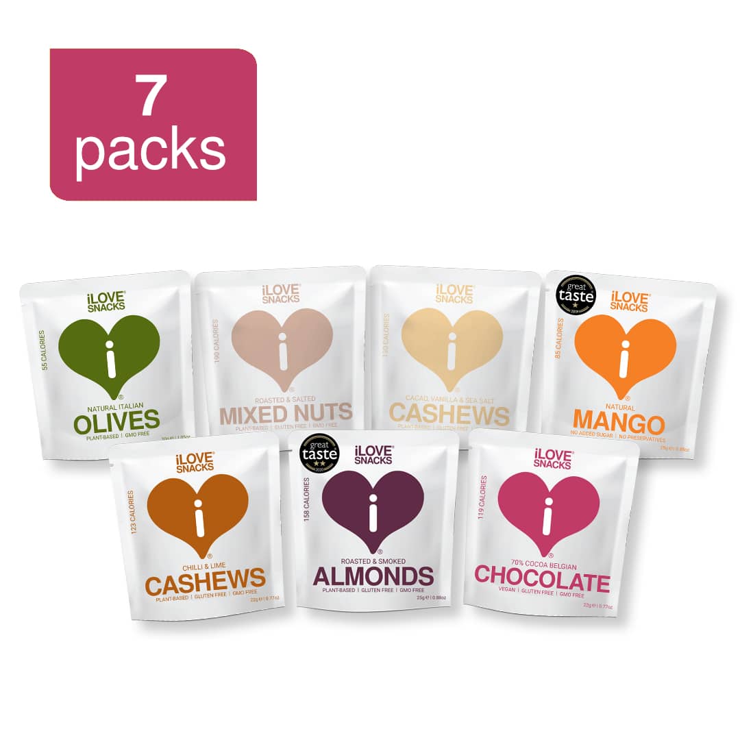 7 packs, 1 of each product in the pouch range, olives, mixed nuts, cashews (two types), mango, almonds, chocolate